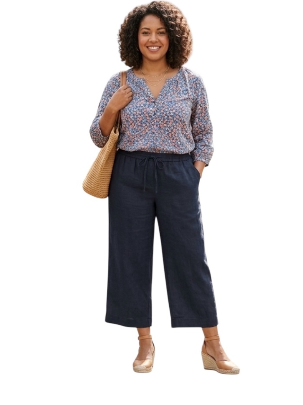 Talbots 100% Linen Pull On Wide Leg Crop Pants Navy Blue 2XP Comfort Coastal